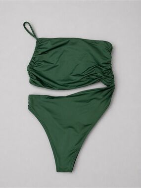 Superdown Olive Green One Shoulder Cutout Ruched Bodysuit